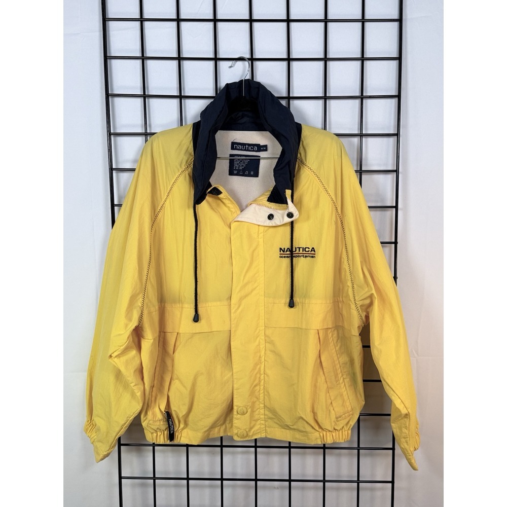 Vintage Nautica‎ Sports N-625 Windbreaker Mens M Yellow Hidden Hood 90s Dadcore